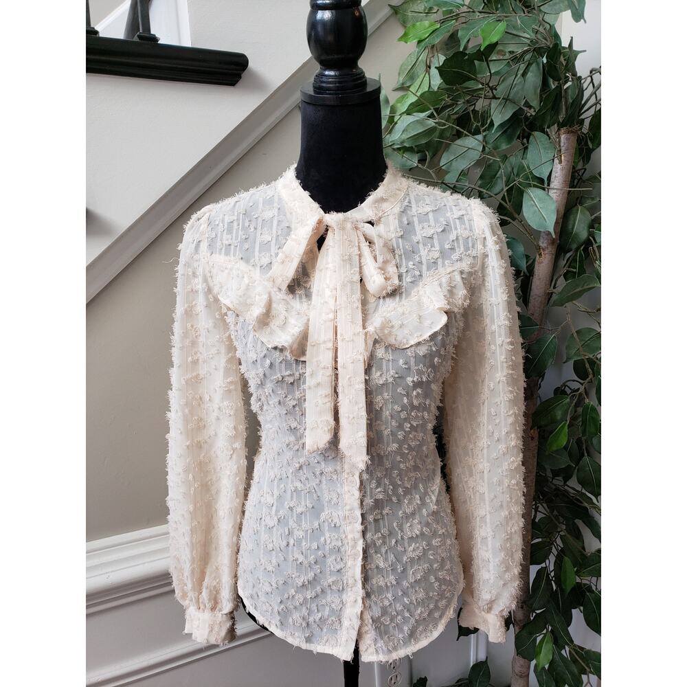 Listicle Button Down‎ Shirt Womens Medium Beige Lace Sheer Tie Neck Long Sleeve